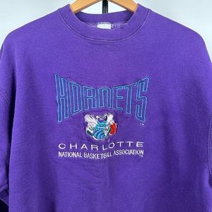 Vntg 90s Charlotte NBA Hornets Purple Salem Crewneck Sweatshirt Sz Xl Made USA